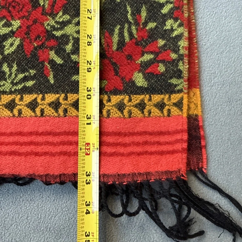Poncho Wrap Red Floral Rose Tapestry Acrylic Fringed Boho Made‎ In France